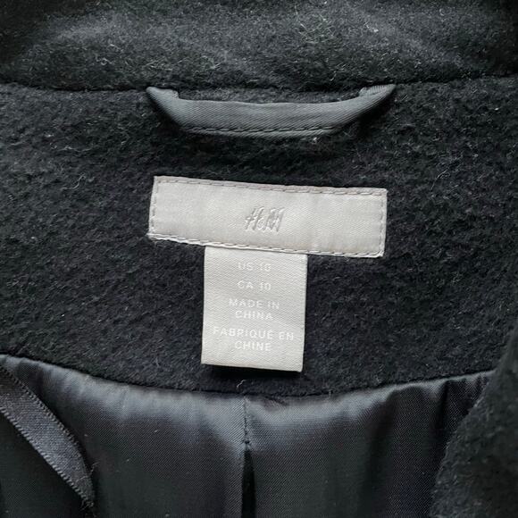 🔥H&M Wool Blend Black Overcoat Belted Stylish Old Money Minimalist Women Sz 10 - Picture 11 of 16